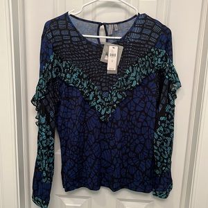 NWT Blank london Women’s blouse - Black/Turquoise/Blue Pattern with ruffles